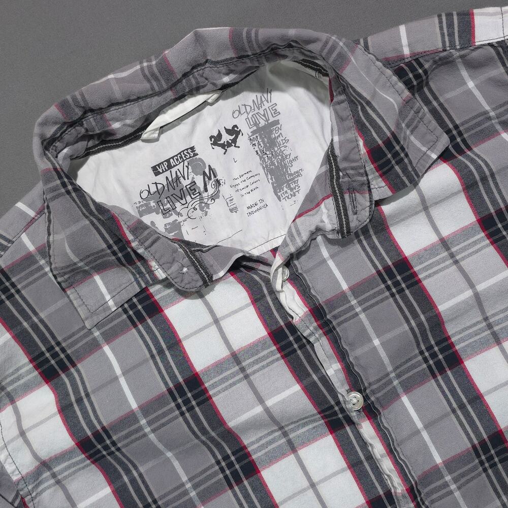 Old Navy Men's 100% Cotton Plaid Button Up Shirt Long Sleeve Gray Red White